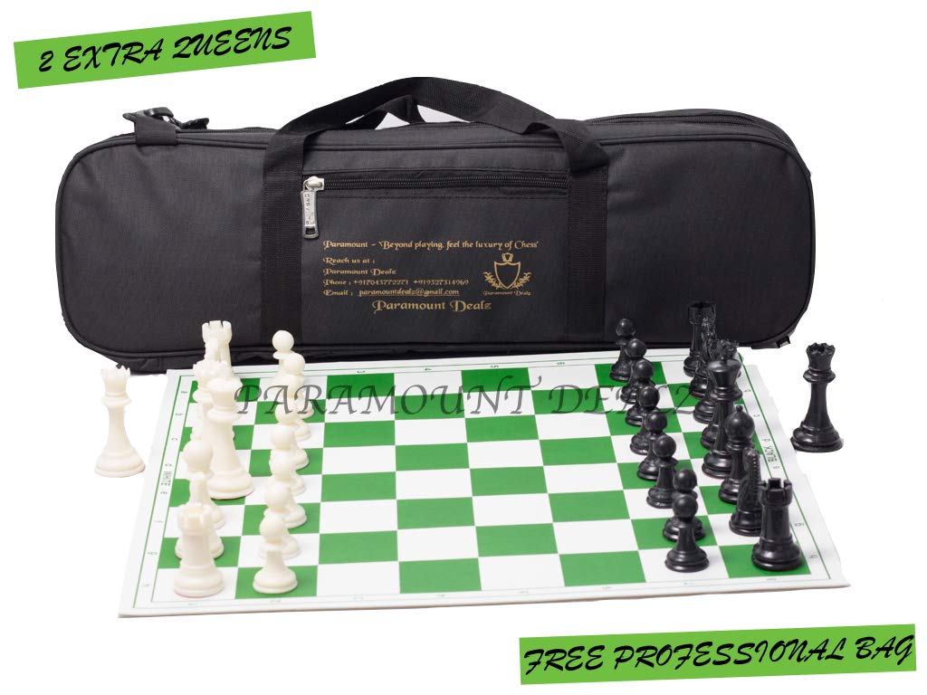 Professional Plastic Vinyl Chess Set with 2 Extra Queens and Bag (Gree