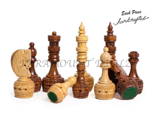 Hand Crafted Wooden Inlaid Carving Chess Set with 16 inches Wooden Flat Chess Board & Wooden Box