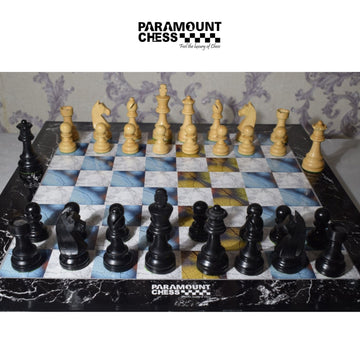 19" Wooden Laminated Blue Marble Design Chess Board ♟️💙 | 3.75" German Knight Wooden Chess Pieces ♞ (Yellow & Black) 🟡⚫ | Premium Set with Velvet Pouch 🎁✨