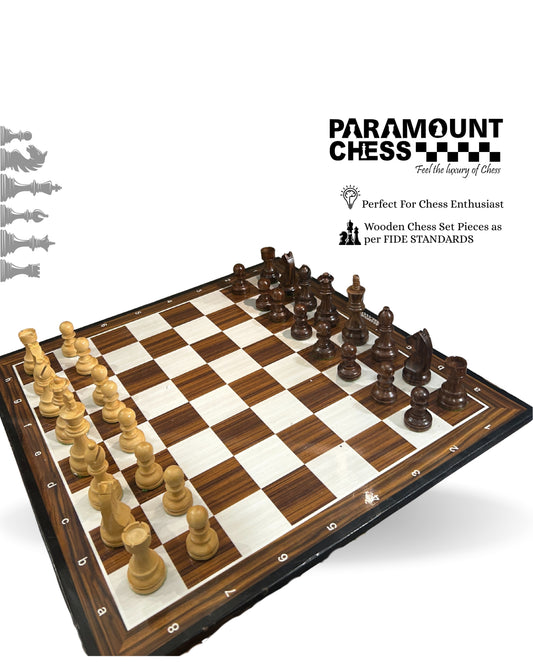 ♟️ 19″ Wooden Laminated Chess Board with 3.75″ Yellow-Brown Wooden German Knight Pieces & Velvet Carry Pouch 🎯