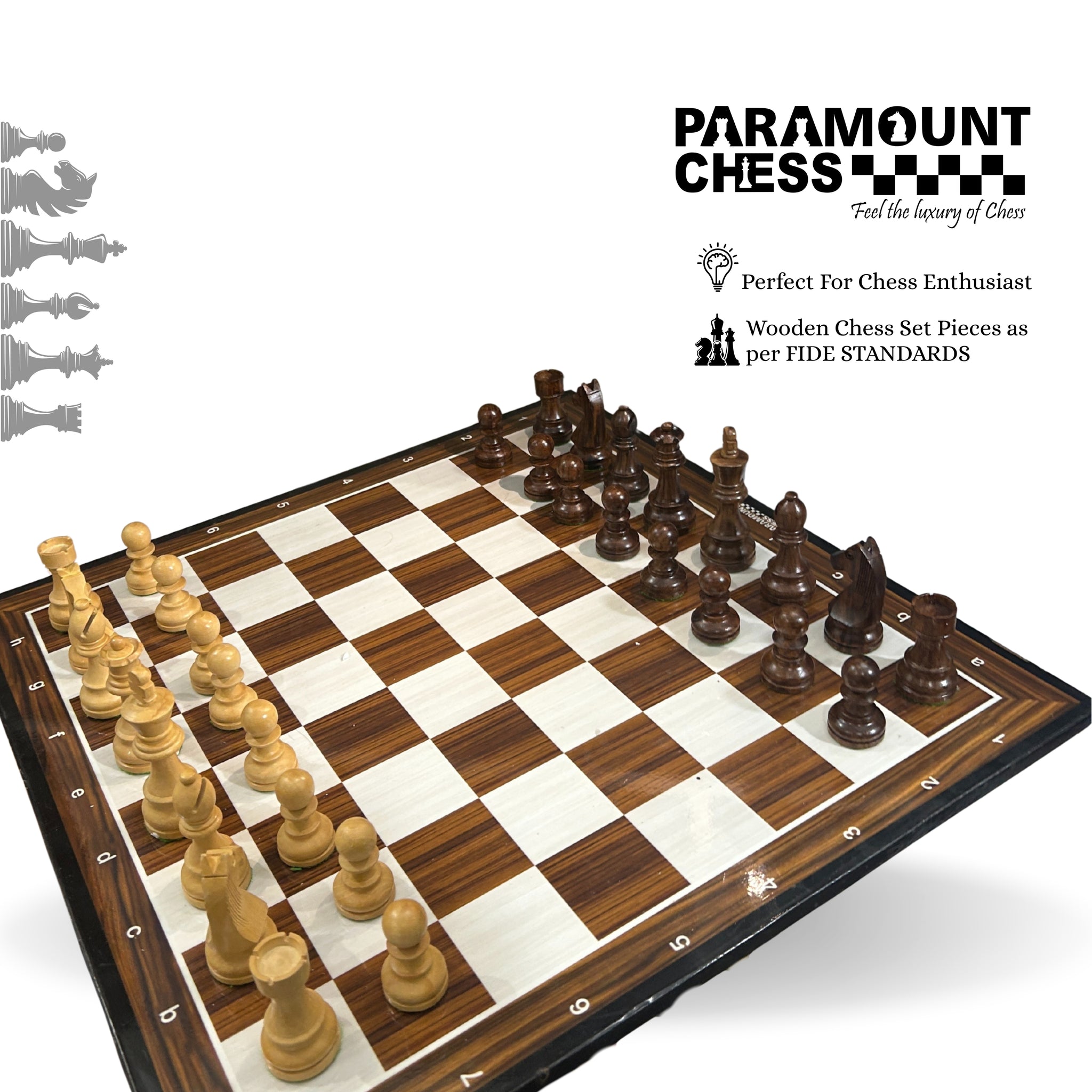 ♟️ 19″ Wooden Laminated Chess Board with 3.75″ Yellow-Brown Wooden German Knight Pieces & Velvet Carry Pouch 🎯