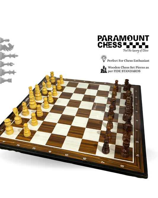 ♟️ Minar Style Seamless Design Chess Set – 3.5″ King Wooden Pieces with 19″ Wooden Laminated Chess Board & Velvet Carry Pouch 🎯