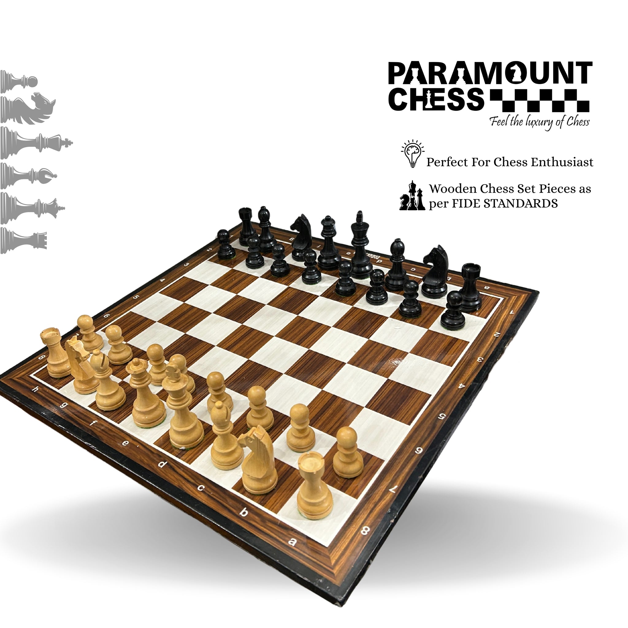 19″ Wooden Laminated Chess Board with 3.75″ Yellow-Black Wooden German Knight Pieces & Velvet Carry Pouch 🎯