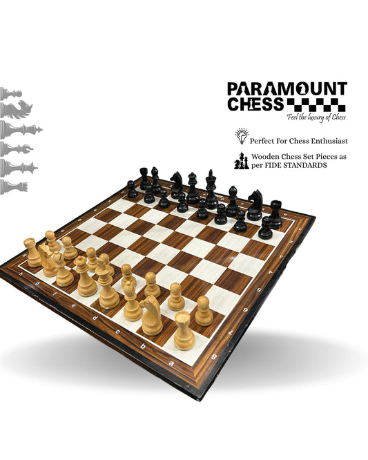 19″ Wooden Laminated Chess Board with 3.75″ Yellow-Black Wooden German Knight Pieces & Velvet Carry Pouch 🎯