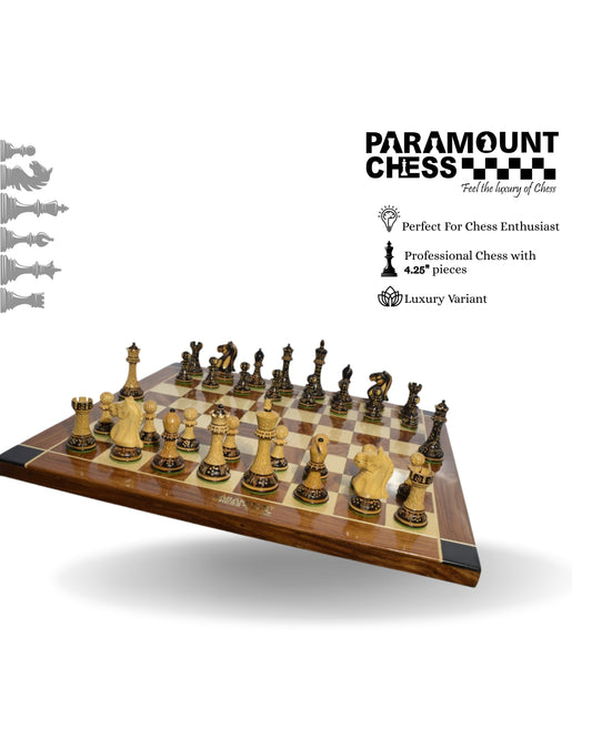♟️ 4.25" Luxury Burnt Chess Pieces with 21" Premium Wooden Chess Board 🌟