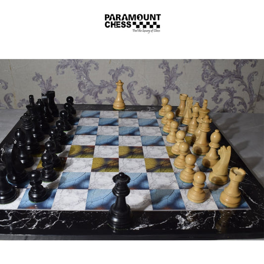 19" Wooden Laminated Blue Marble Design Chess Board ♟️💙 | 3.75" German Knight Wooden Chess Pieces ♞ (Yellow & Black) 🟡⚫ | Premium Set with Velvet Pouch 🎁✨