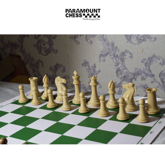 Premium  20” Green Vinyl Chess Mat Set with Yellow-Brown Supreme Superweighted Chess Pieces | Complete Tournament Combo