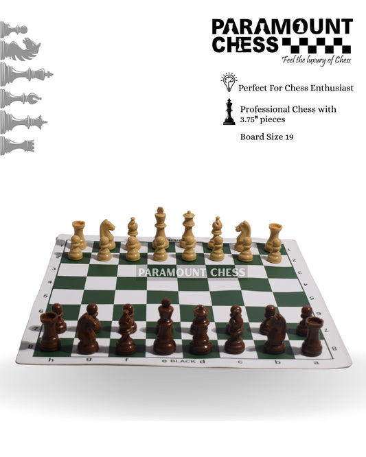 ♟️ Green Vinyl Chess Mat Set with 3.75" Grandmaster Edition Weighted Chess Pieces | Yellow & Brown | Complete Tournament Set with Pouches | 18" & 20" Options