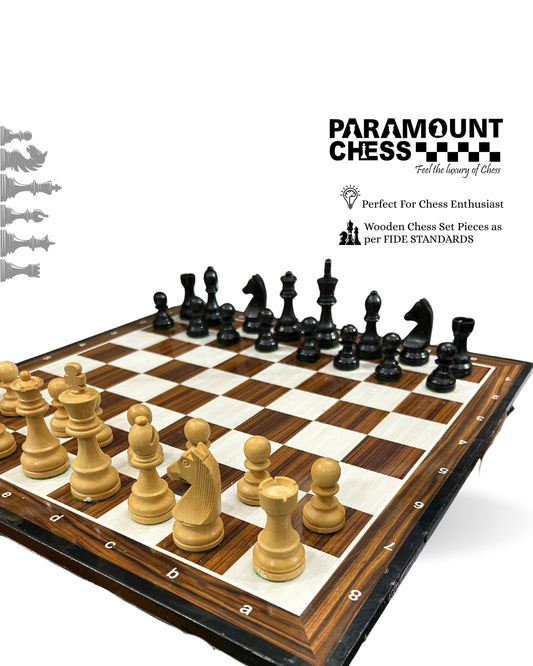 19″ Wooden Laminated Chess Board with 3.75″ Yellow-Black Wooden German Knight Pieces & Velvet Carry Pouch 🎯