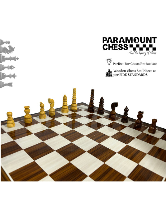 ♟️ Minar Style Seamless Design Chess Set – 3.5″ King Wooden Pieces with 19″ Wooden Laminated Chess Board & Velvet Carry Pouch 🎯