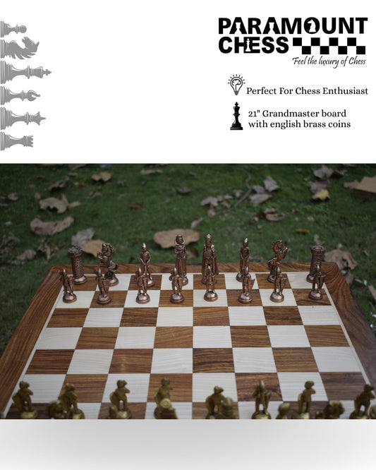 ♟️✨ Premium English Brass Collection 21" Wooden Chess Set | Handcrafted Sheesham wood , Maplewood & Brass Pieces | Luxury Chess Board with Gold Copper Coins