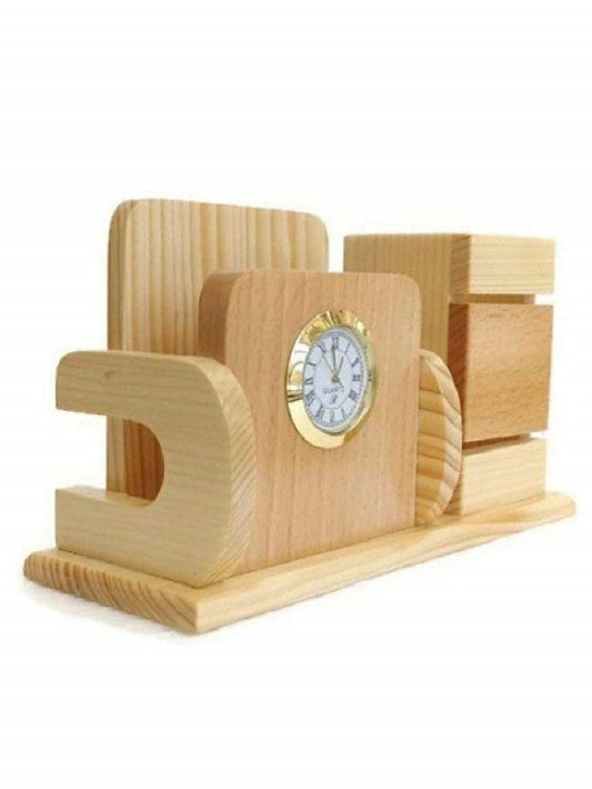 Paramount Dealz Personalized Gift, Wooden Desk Organizer with Clock |Pen, Cards & Mobile Holder |Office/Home Decor