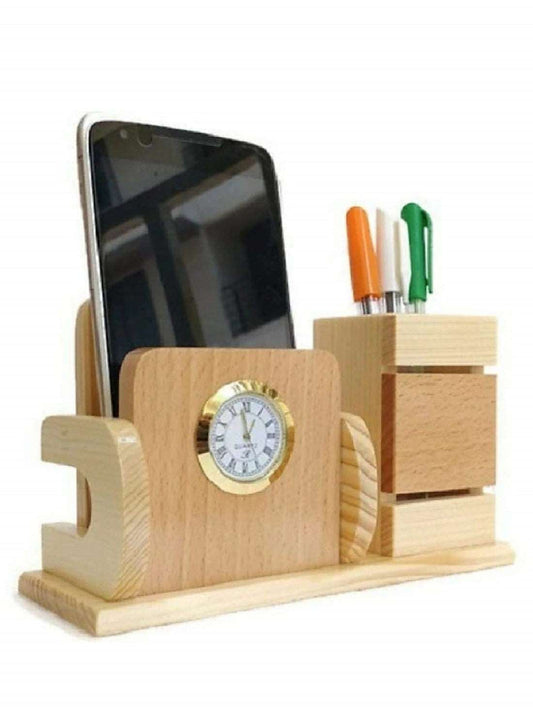 Paramount Dealz Personalized Gift, Wooden Desk Organizer with Clock |Pen, Cards & Mobile Holder |Office/Home Decor