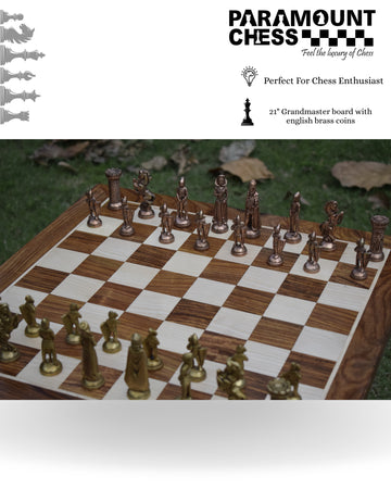 ♟️✨ Premium English Brass Collection 21" Wooden Chess Set | Handcrafted Sheesham wood , Maplewood & Brass Pieces | Luxury Chess Board with Gold Copper Coins
