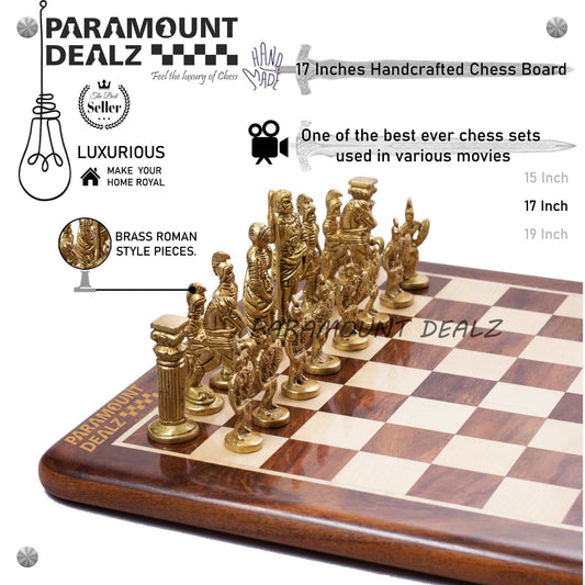 Handcrafted Brass Chess Set (FLAT Wooden Sheesham Board with Solid Brass Chess Set) - Best for Chess Enthusiasts and Gifting purpose