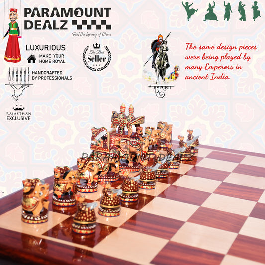 Royal Maharaja Handcrafted Carved Chess Set with 21 Inches Sheeshamwood Chess Board, Perfect chess set for every home