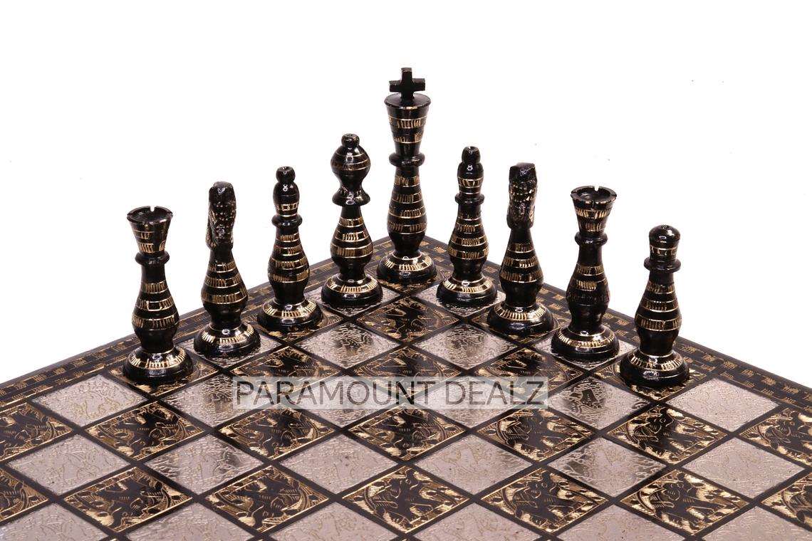 Brass Chess Board with 32 Brass Chess Pieces
