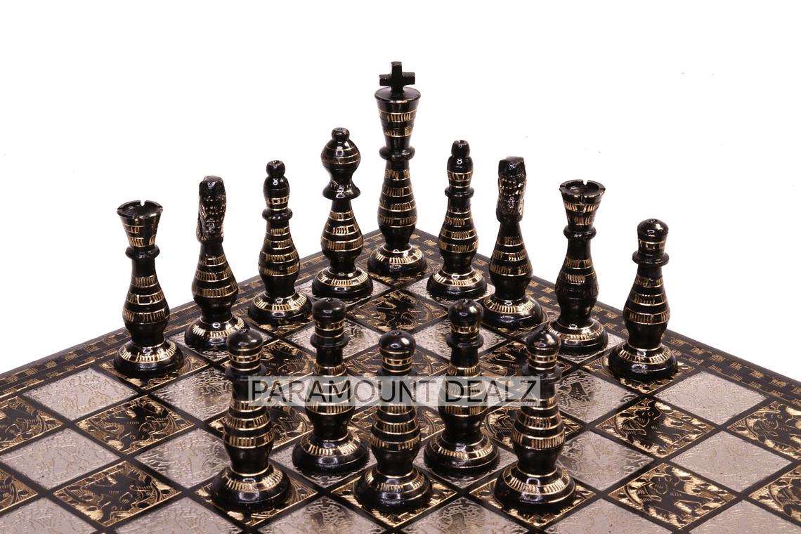 Brass Chess Board with 32 Brass Chess Pieces