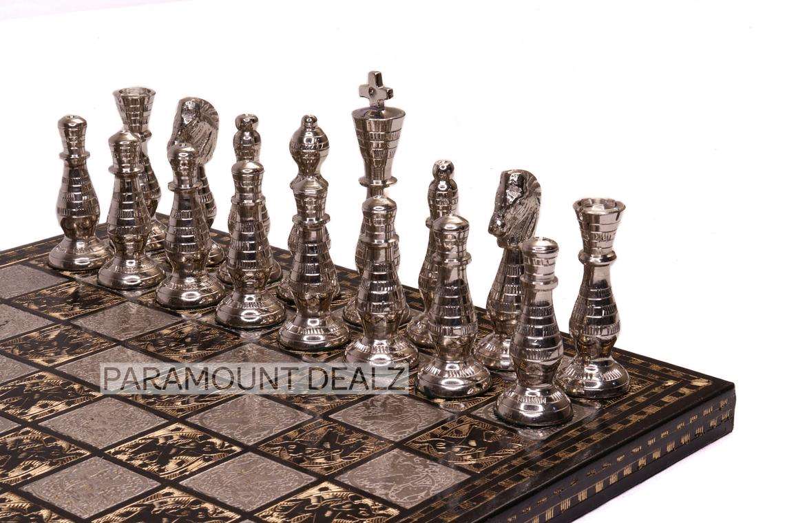 Brass Chess Board with 32 Brass Chess Pieces