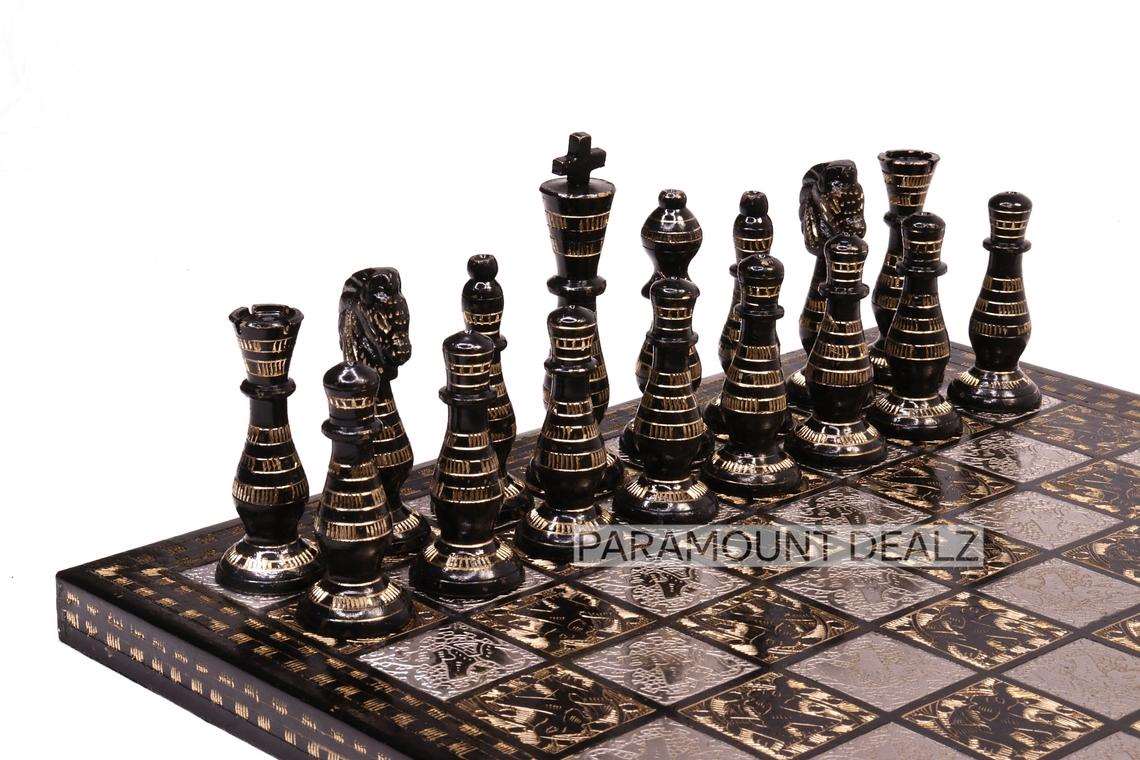 Brass Chess Board with 32 Brass Chess Pieces