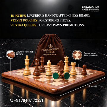 Flat Wooden Chess Board with Staunton style wooden chess pieces and Velvet Chess Pouch - Best for chess enthusiasts