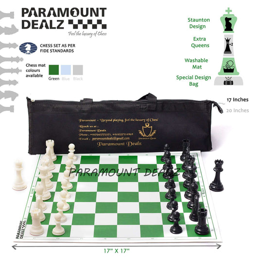 FIDE Standard Vinyl Chess Set with 2 Extra Queens & Chess Bag (available in 17 Inches and 20 Inches) - 3 Colors (Green, Blue and Black)