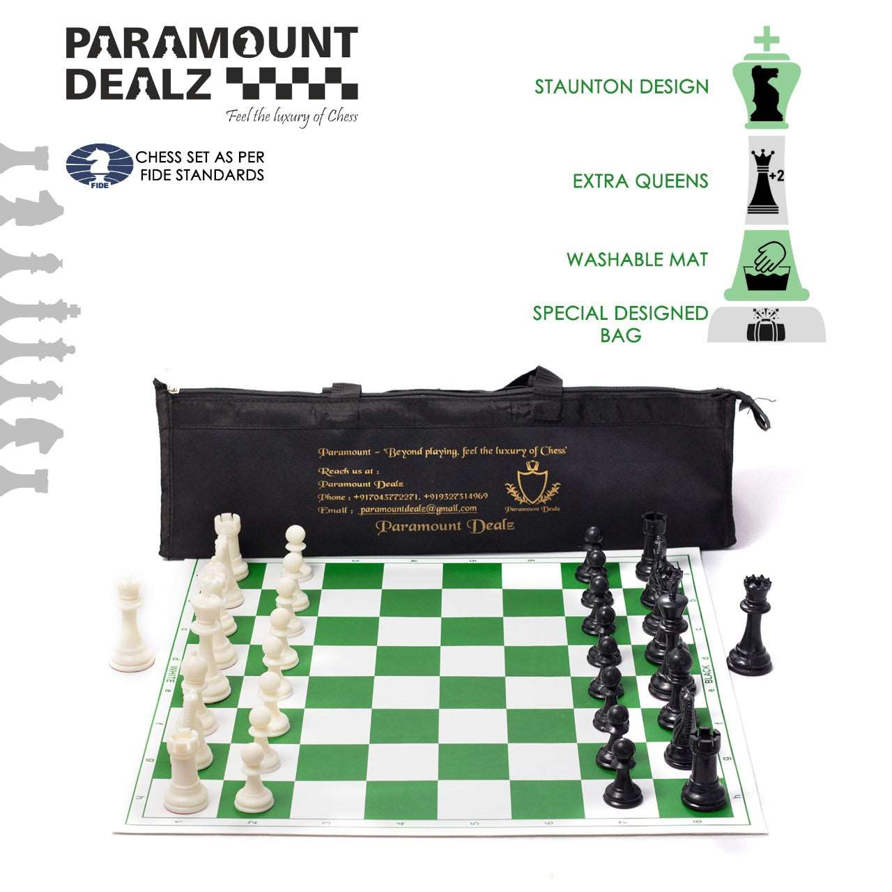 FIDE Standard Vinyl Chess Set with 2 Extra Queens & Chess Bag (availab