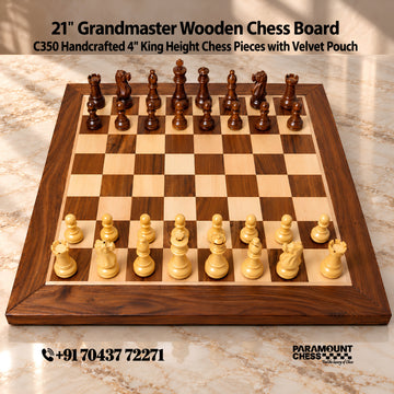 ♟️ 21-Inch Grandmaster Wooden Chess Board with C350 Handcrafted Wooden Chess Pieces, 4-Inch King Height & Velvet Pouch