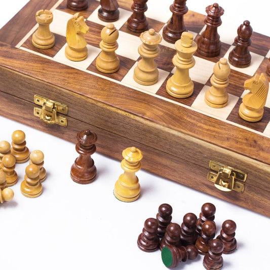 12 Inches Handcrafted Magnetic Foldable Wooden Handcrafted Chess Set Chess Board with handcrafted wooden magnetic chess pieces (Indian Rosewood & Maple wood)