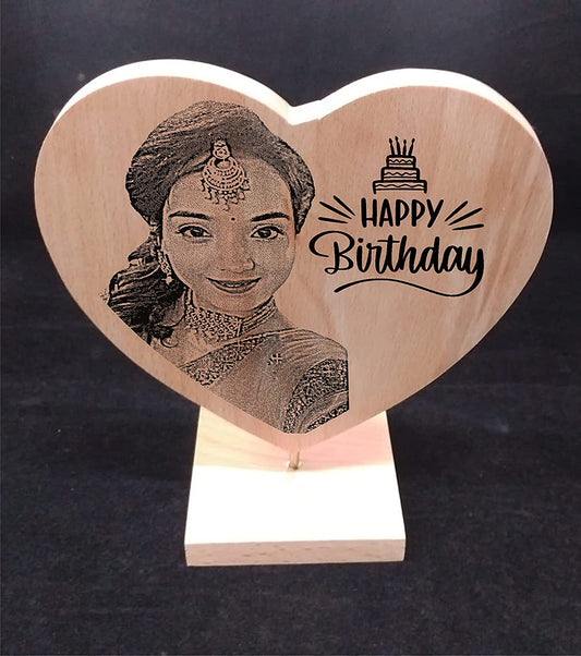 Personalized Engraved Unique Designer Wooden Plaque - Best Wood Photo Frame for gifting on Happy Birthday, Anniversary (Heart with Stand)