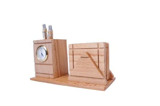 Paramount Dealz Personalized Gift, Wooden Desk Organizer with Clock |Pen Holder with Tea Coaster |Office/Home Decor