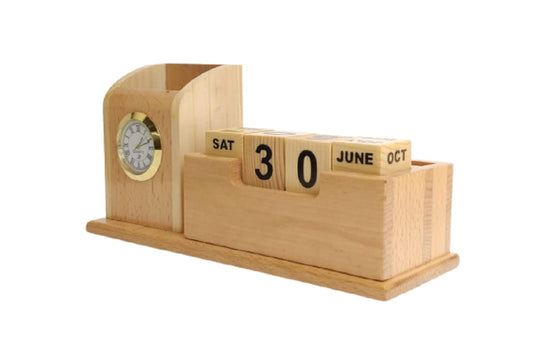 Paramount Dealz Personalized Gift, Wooden Desk Organizer with Clock|Pen, Pencil, Marker Holder & Table Calendar| Office/Home Decor