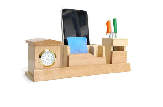 Paramount Dealz Personalized Gift, Wooden Desk Organizer with Clock |Pen, Cards & Mobile Holder |Office/Home Decor