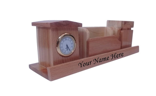 Paramount Dealz Personalized Gift, Wooden Desk Organizer with Clock |Pen, Cards & Mobile Holder |Office/Home Decor