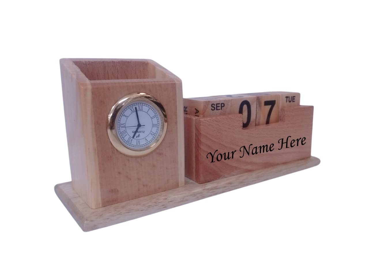 Paramount Dealz Personalized Gift, Wooden Desk Organizer with Clock|Pen,  Pencil, Marker Holder Table Calendar| Office/Home Decor