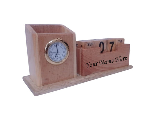 Paramount Dealz Personalized Gift, Wooden Desk Organizer with Clock|Pen, Pencil, Marker Holder & Table Calendar| Office/Home Decor
