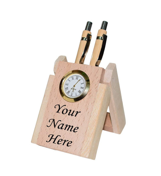 Paramount Dealz Personalized Gift, Wooden Desk Organizer with Clock |Double Pen Holder |Office/Home Decor