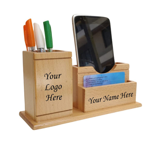 Paramount Dealz Personalized Gift, Wooden Desk Organizer |Pen, Cards & Mobile Holder |Office/Home Decor