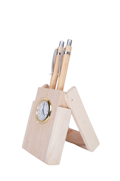 Paramount Dealz Personalized Gift, Wooden Desk Organizer with Clock |Double Pen Holder |Office/Home Decor