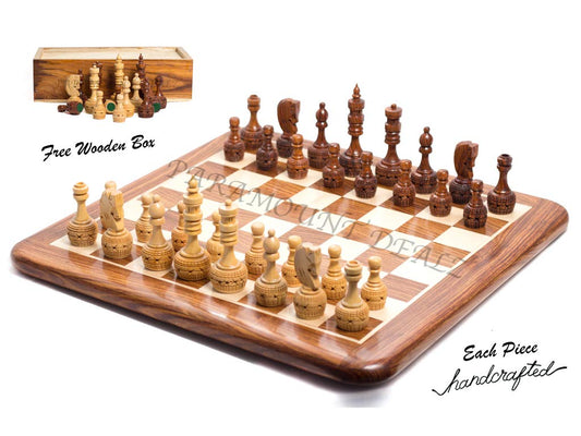 Hand Crafted Wooden Inlaid Carving Chess Set with 16 inches Wooden Flat Chess Board & Wooden Box