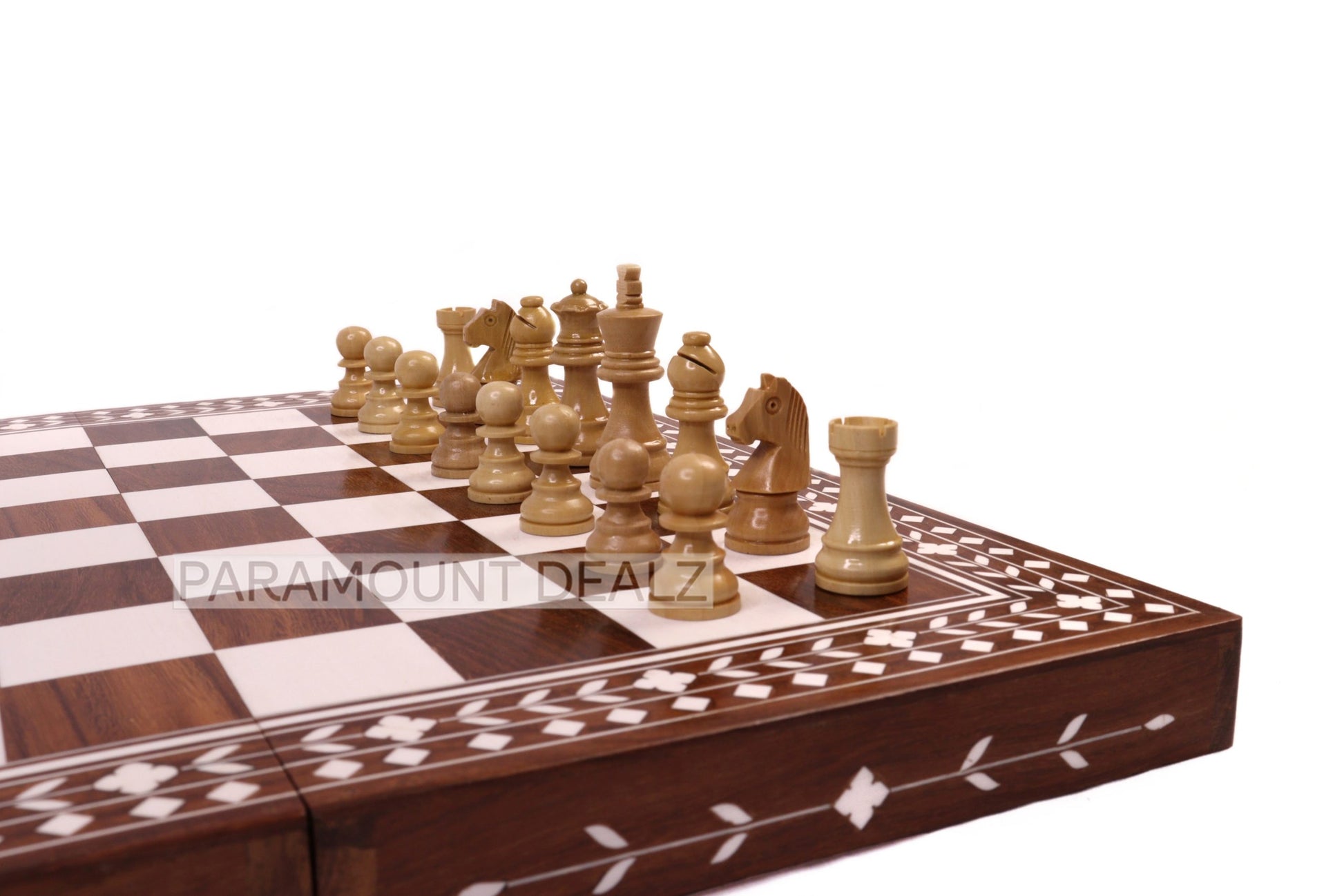 WOODEN FOLDING CHESS SET WITH WOODEN STAUNTION COINS