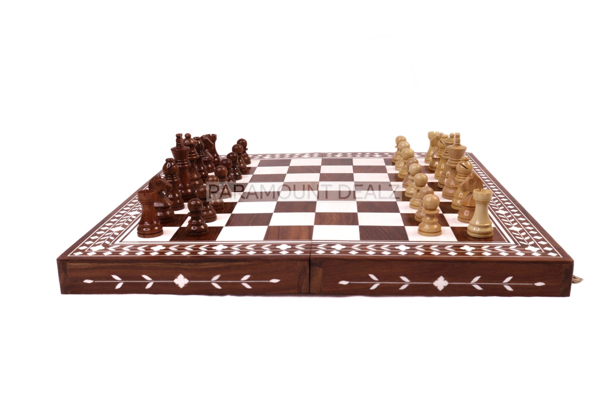 WOODEN FOLDING CHESS SET WITH WOODEN STAUNTION COINS