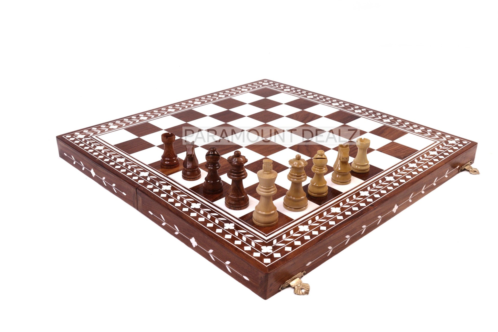 WOODEN FOLDING CHESS SET WITH WOODEN STAUNTION COINS