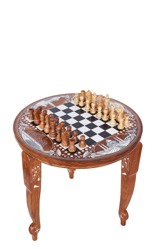 Chess Table with Bone Inlay - Hand Crafted Solid Luxury Board Game & Weighted Pieces Set - Living Room Decors for Lovers