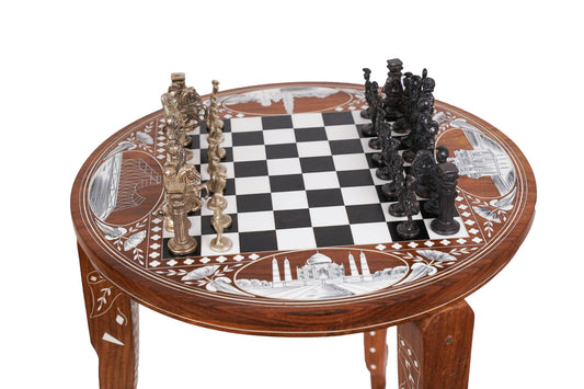 Handmade Wood Chess Table with Bone Inlay, Hand Crafted Solid Luxury Wooden Board Game & Weighted Pieces Set - Living Room Decors for Lovers