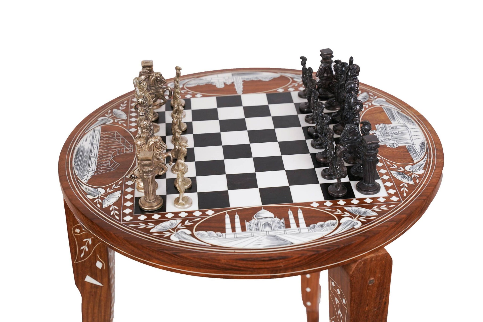 Handmade Wood Chess Table with Bone Inlay